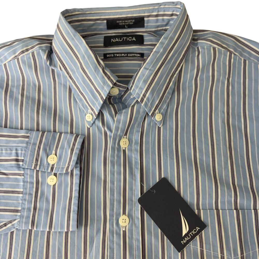 New Nautica Long Sleeve Shirt Men's Size Large Blue Stripe Button Up Cotton NWT
